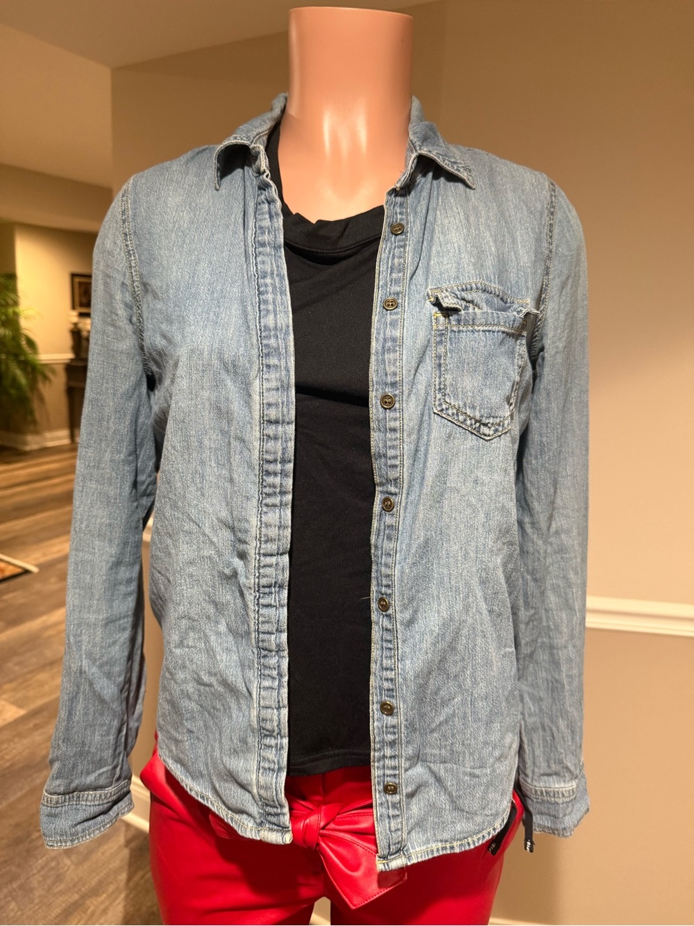 Kardashian Kollection Light Wash Denim Button-Up Shirt - Blue